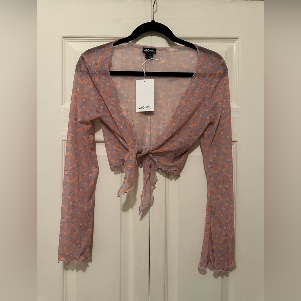 NWT Monki Sheer Tie-Front Blouse - Purple and Orange Floral